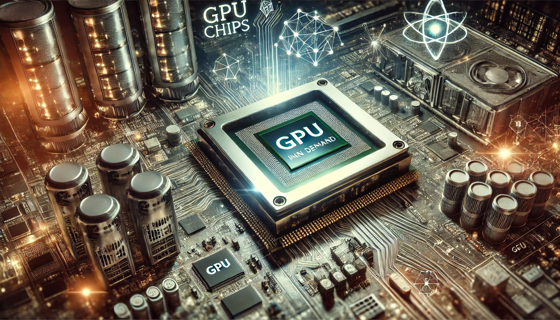 Immagine futuristica che rappresenta la carenza di GPU circondata da server e simboli di intelligenza artificiale.