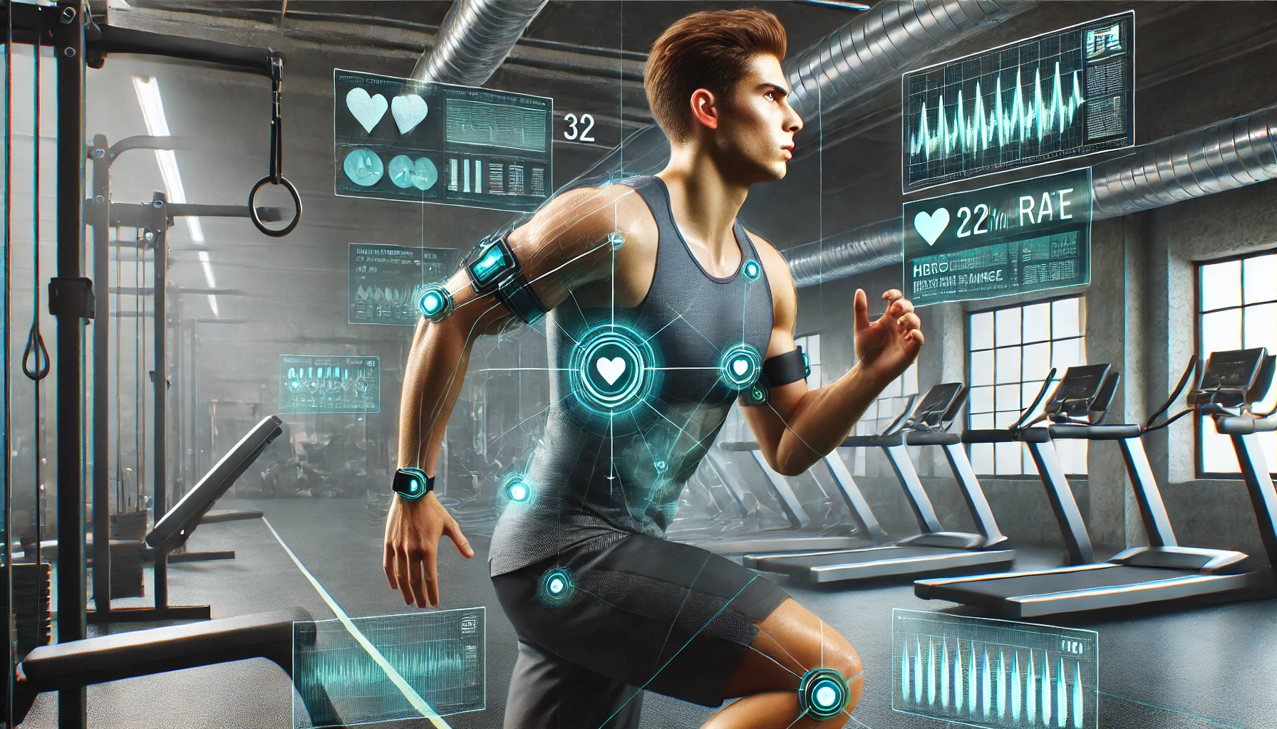 Un atleta professionista indossa sensori biometrici durante un allenamento in una palestra moderna con schermi che mostrano dati in tempo reale.