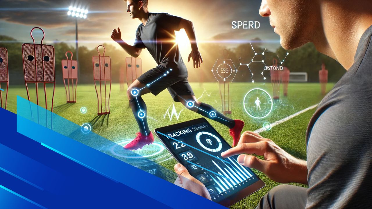 Un calciatore durante un allenamento su un campo da gioco, con sensori di tracciamento, mentre un allenatore analizza i dati su un tablet.