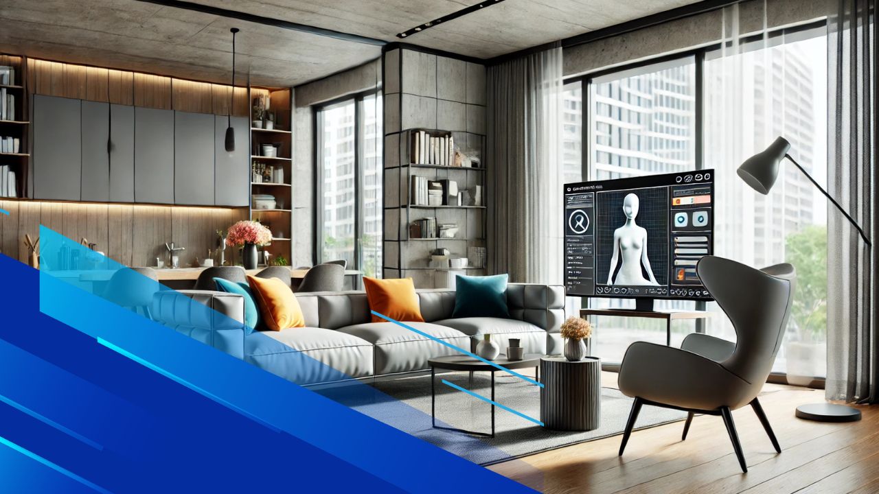 Soggiorno moderno con mobili eleganti e design realizzato tramite intelligenza artificiale, con una visualizzazione 3D su uno schermo.