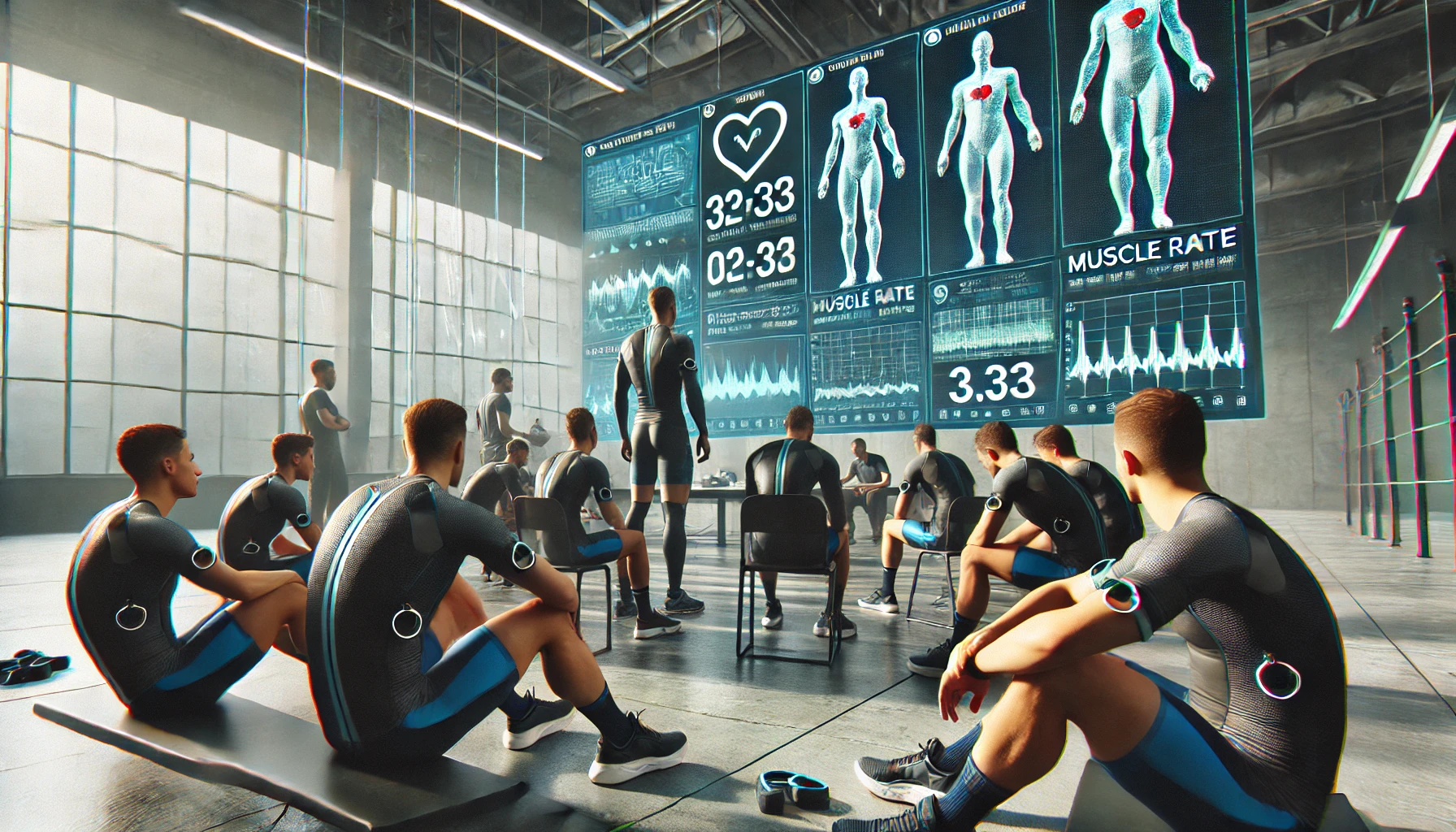 Una squadra di atleti in una sessione di recupero, con tracker biometrici e metriche visibili su uno schermo grande in una sala moderna.