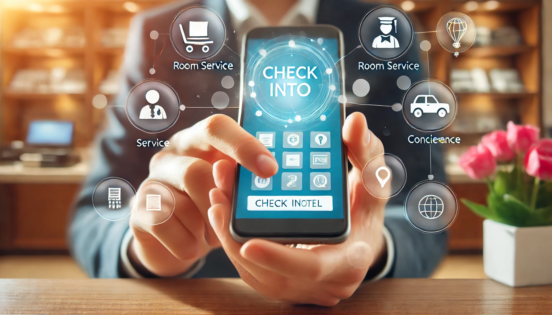 Viaggiatore utilizza un'app per smartphone per fare il check-in con icone digitali che rappresentano i servizi dell'hotel