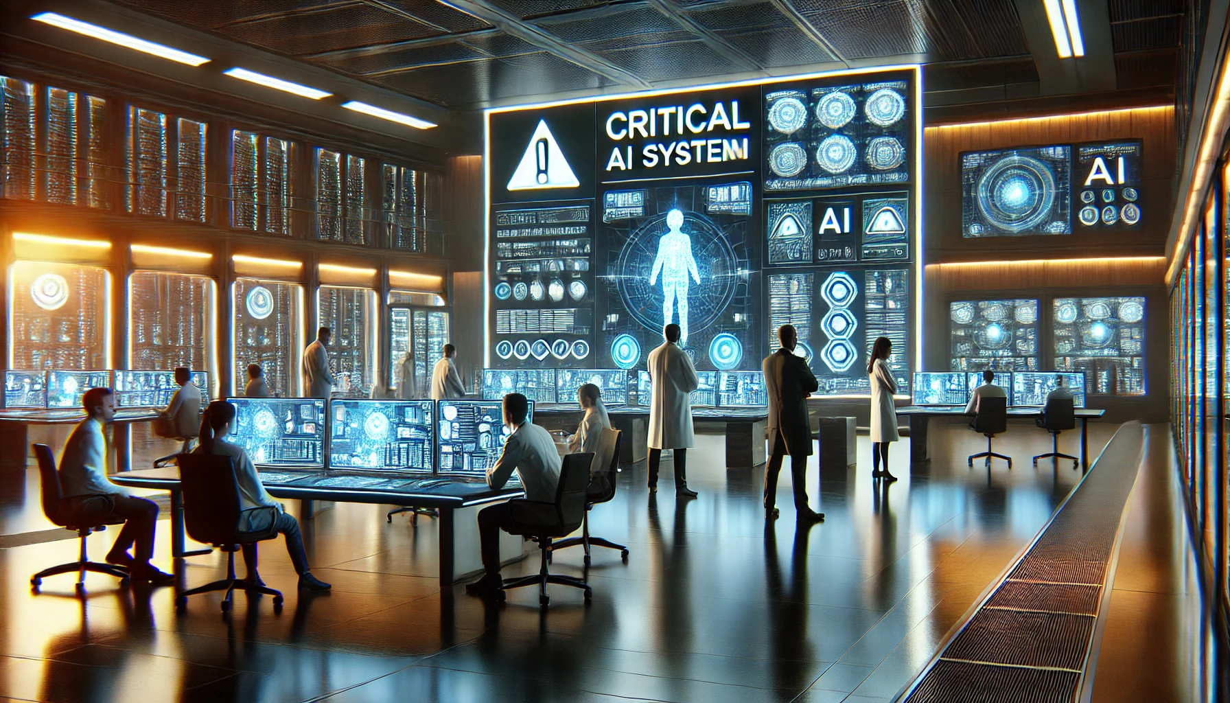 Centro di controllo di intelligenza artificiale con monitor e scienziati in discussione. Immagine 2