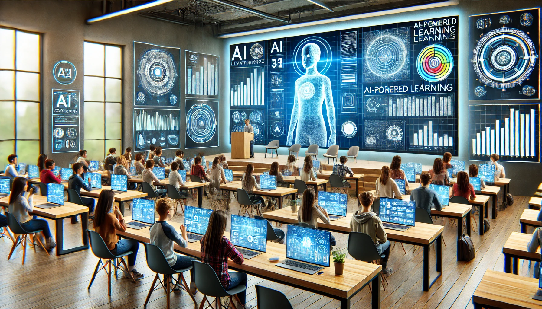 Una classe moderna con studenti che utilizzano tablet e laptop guidati da un assistente digitale olografico.
