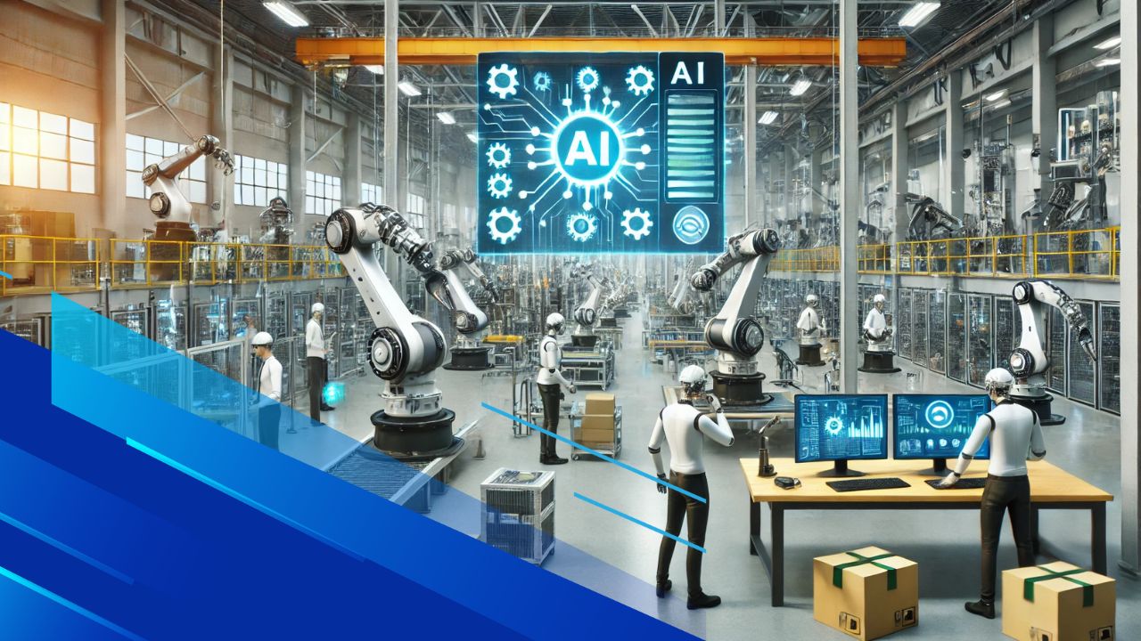 Moderno impianto industriale con bracci robotici, operai che monitorano interfacce di intelligenza artificiale e sistemi automatizzati per la produzione efficiente.
