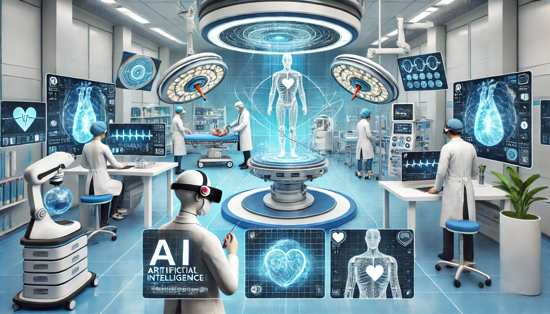Scena innovativa in un ospedale con macchinari diagnostici basati sull’intelligenza artificiale, medici con visori AR e robot assistenti in chirurgia.