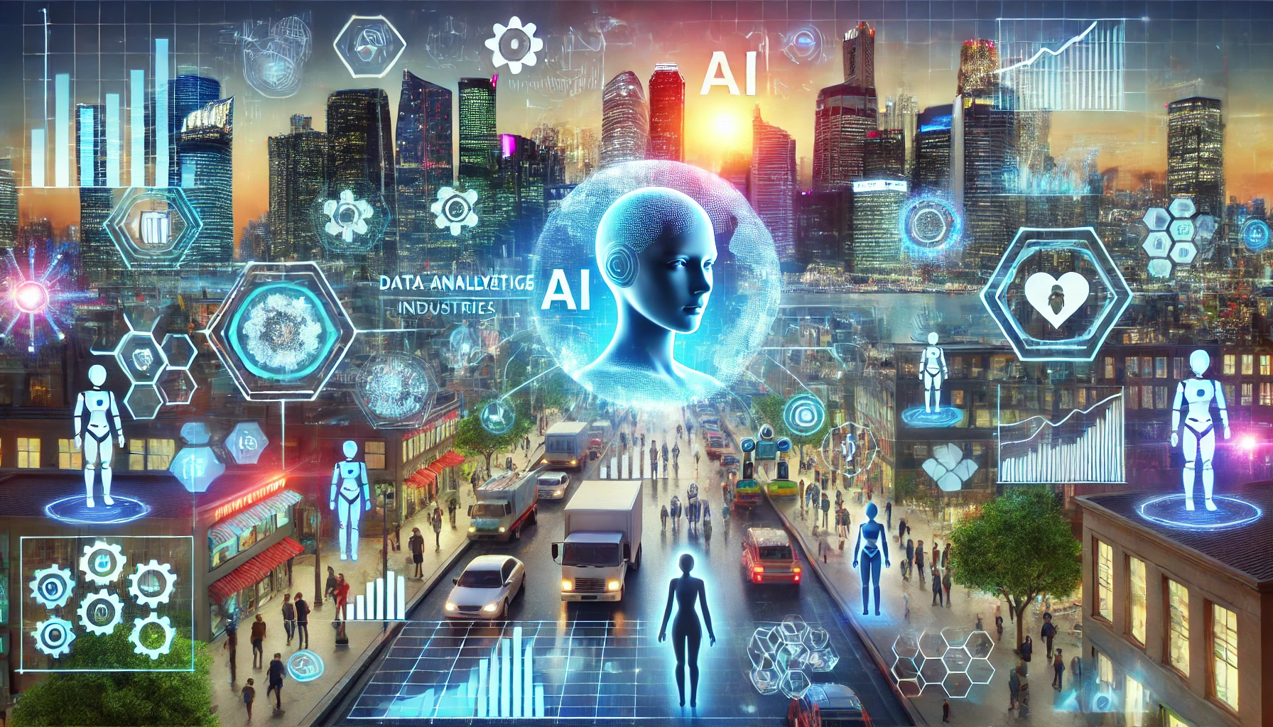 Rappresentazione futuristica dell'intelligenza artificiale che influenza settori globali in un contesto urbano avanzato con interfacce olografiche e robotica.
