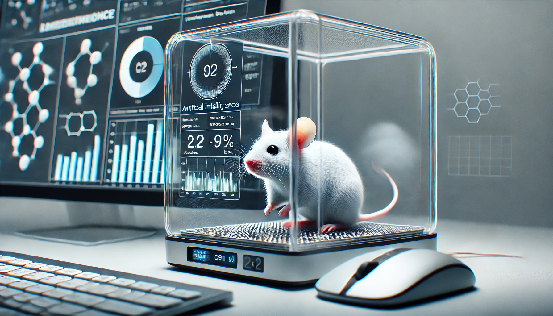 Primo piano del monitoraggio etico di un topo attraverso la tecnologia di intelligenza artificiale, con dati analizzati su uno schermo.