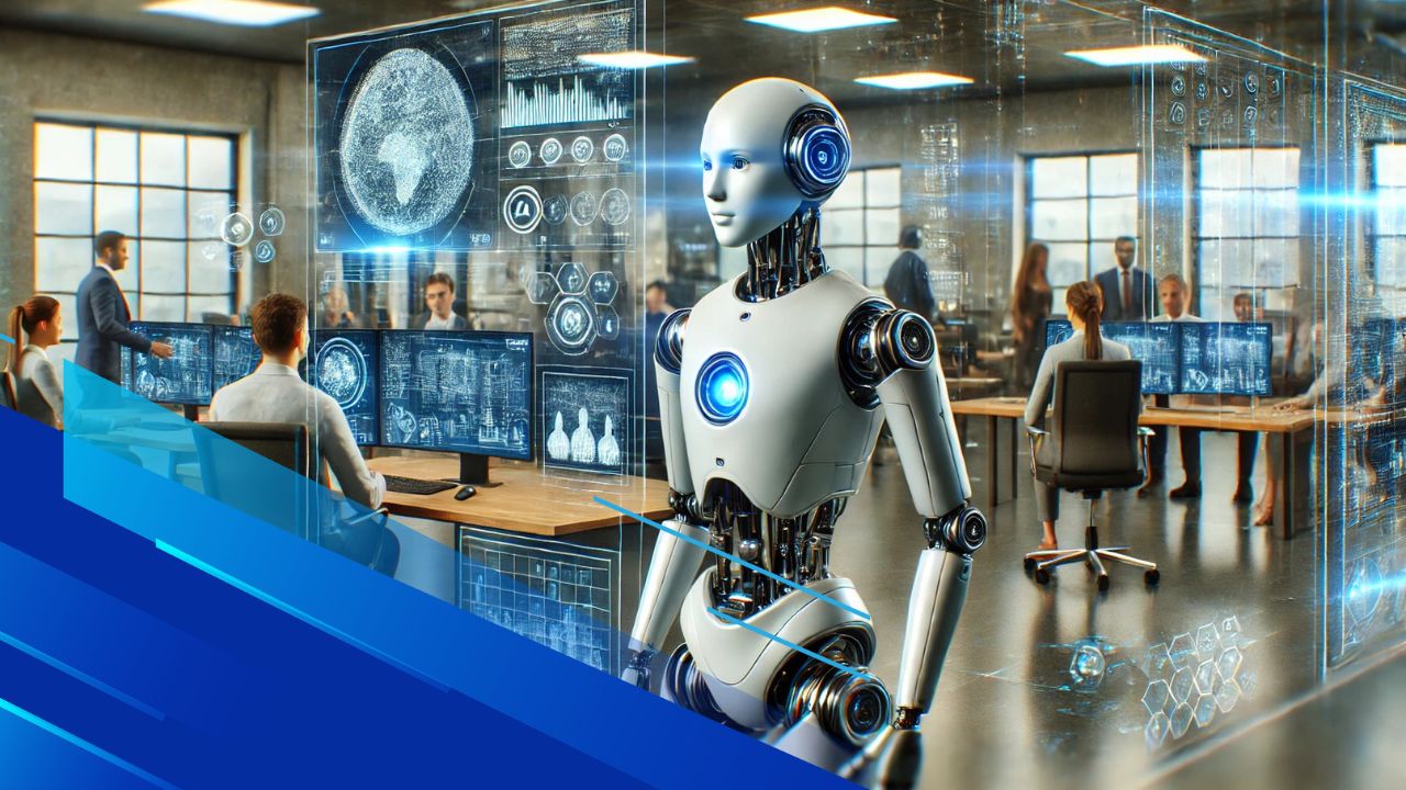 Robot futuristico che collabora con persone in un moderno ufficio tecnologico.