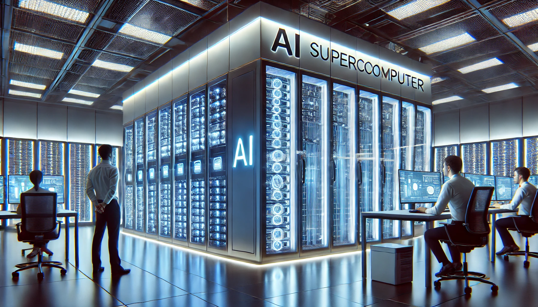 Supercomputer AI in un data center con server illuminati da luci LED blu e bianche.