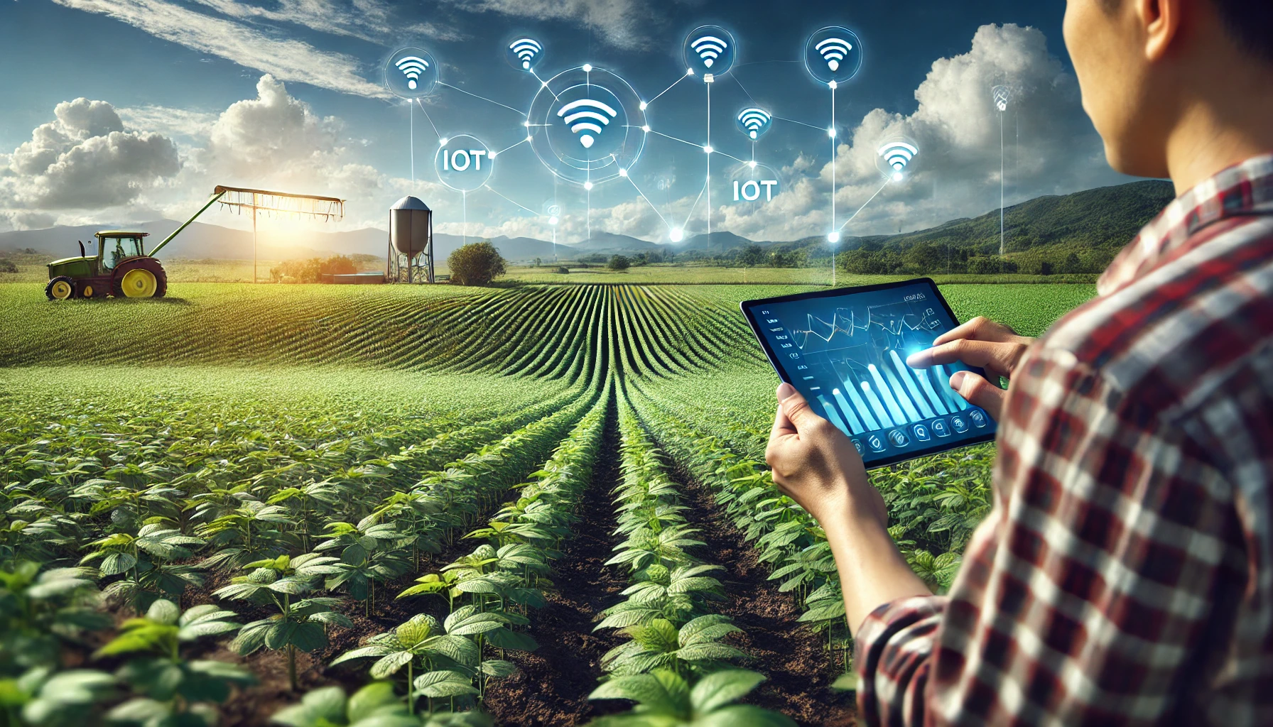Agricoltore in campo aperto che utilizza un tablet per analizzare dati raccolti da sensori IoT nel suolo e nell'ambiente.