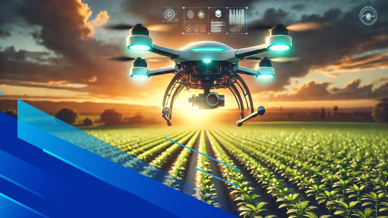 Drone che sorvola un campo agricolo verde al tramonto per monitorare le coltivazioni con sensori avanzati.