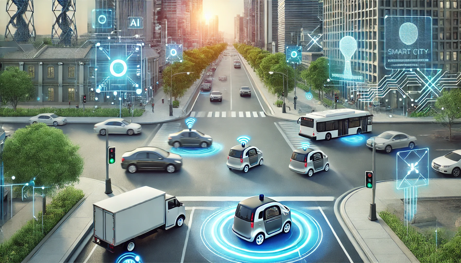 Incrocio urbano in una smart city, con veicoli autonomi, display digitali per il traffico e sistemi avanzati di gestione delle infrastrutture.