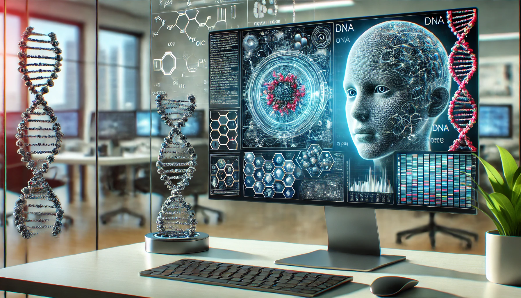 Sistema di intelligenza artificiale che analizza dati genetici su uno schermo ad alta tecnologia, con modelli molecolari e DNA in evidenza.