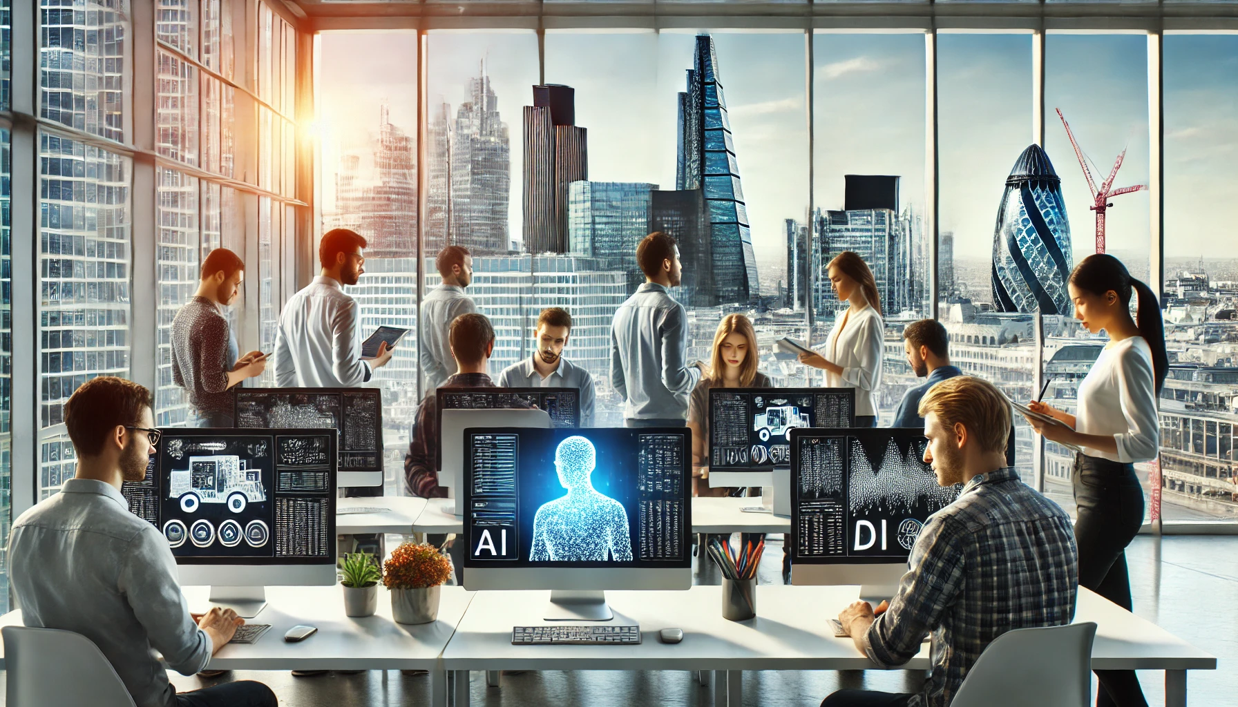 Un team di ricercatori in un moderno ufficio di Londra, con computer che mostrano algoritmi di apprendimento automatico e vista sullo skyline.