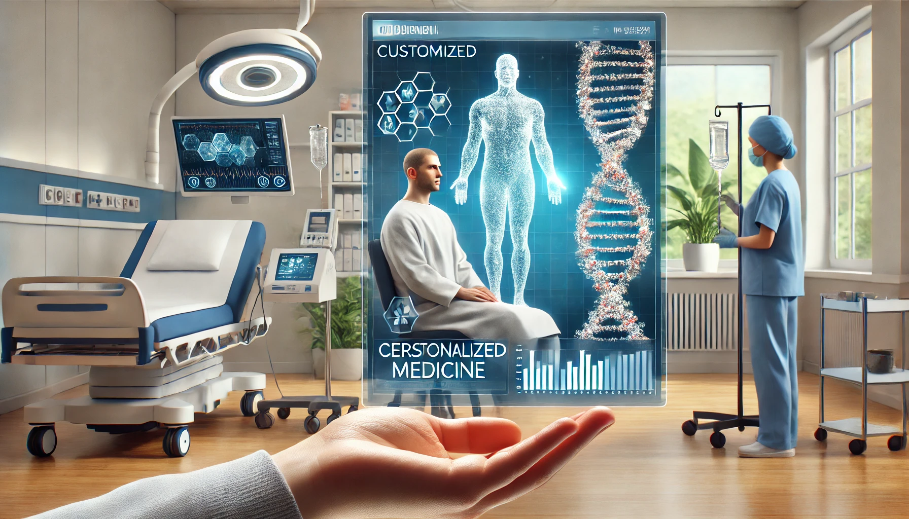 Paziente in ospedale che riceve cure personalizzate, con uno schermo che mostra un profilo genetico e strutture molecolari.