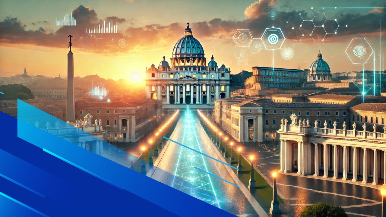 Vista del Vaticano all'alba con elementi tecnologici e olografici che rappresentano l'intelligenza artificiale.