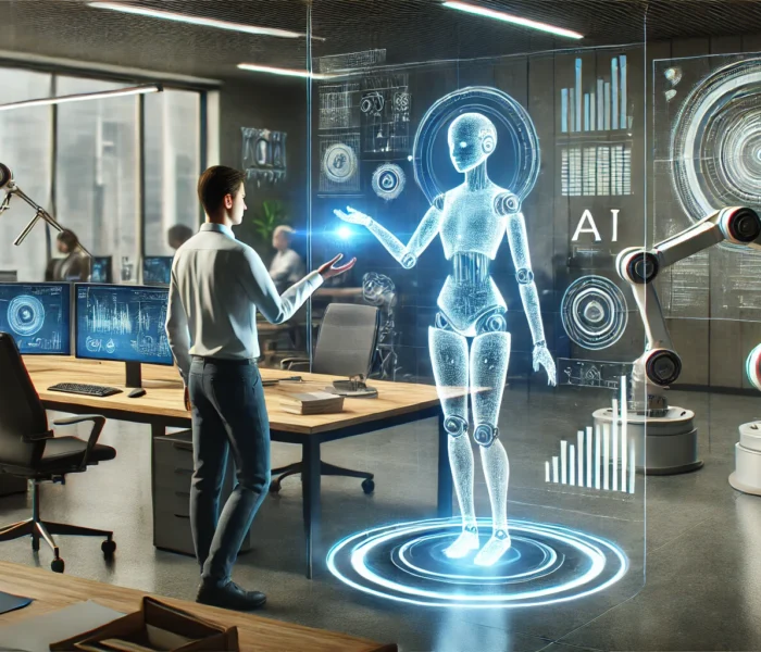 Ambiente d'ufficio futuristico con intelligenza artificiale, lavoratore che interagisce con assistente olografico e bracci robotici avanzati.