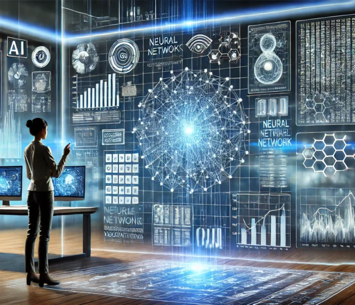 Interfaccia AI avanzata per l'analisi dei dati con Machine Learning, con schermi olografici e algoritmi predittivi.