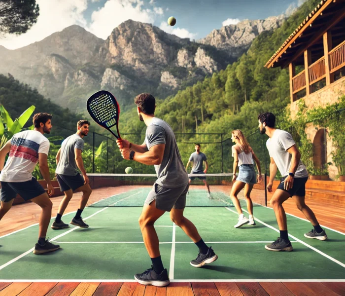 Viaggiatori che giocano a padel in un campo all’aperto, circondati da montagne e vegetazione lussureggiante