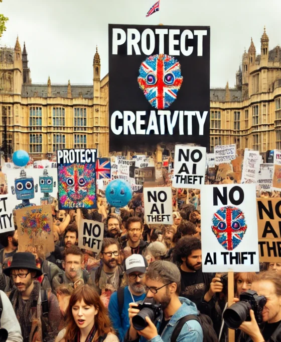 Protesta di artisti e giornalisti davanti a un edificio governativo nel Regno Unito contro l’uso dell’intelligenza artificiale nelle industrie creative.
