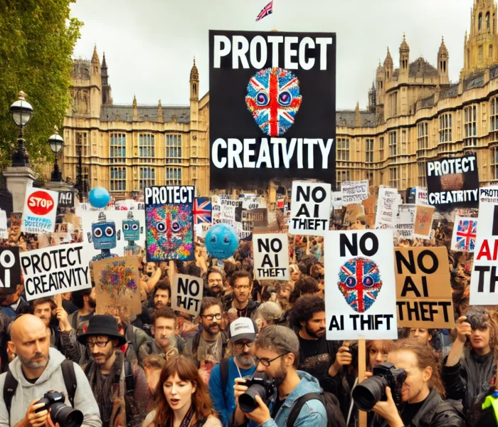 Protesta di artisti e giornalisti davanti a un edificio governativo nel Regno Unito contro l’uso dell’intelligenza artificiale nelle industrie creative.