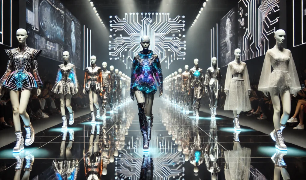 Sfilata di moda futuristica con modelli che indossano abiti generati dall’intelligenza artificiale, illuminata da luci al neon.