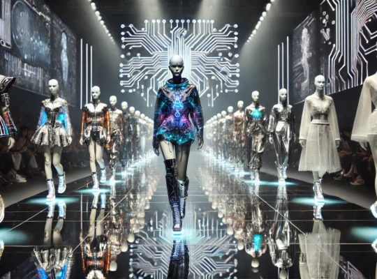 Sfilata di moda futuristica con modelli che indossano abiti generati dall’intelligenza artificiale, illuminata da luci al neon.