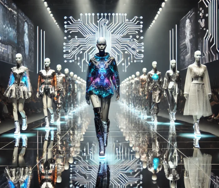 Sfilata di moda futuristica con modelli che indossano abiti generati dall’intelligenza artificiale, illuminata da luci al neon.