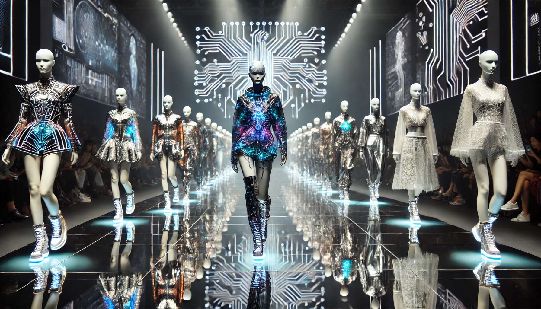 Sfilata di moda futuristica con modelli che indossano abiti generati dall’intelligenza artificiale, illuminata da luci al neon.
