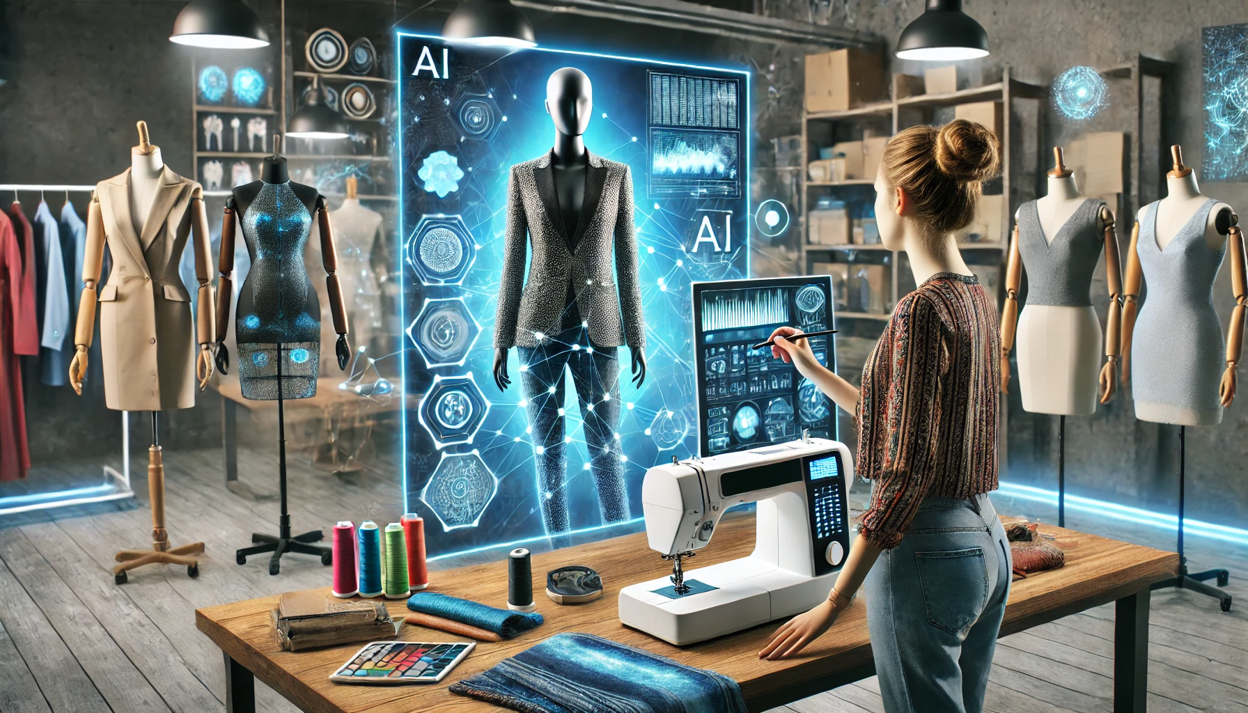 Un designer collabora con l’intelligenza artificiale in uno studio di moda, creando nuovi capi con schermi digitali e strumenti tecnologici.