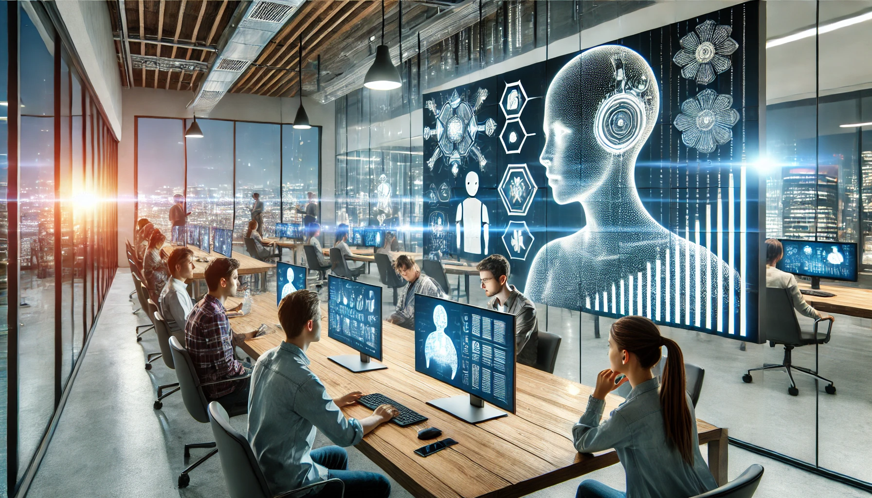 Un ambiente di ufficio moderno con schermi digitali, grafici AI e persone che interagiscono con software di intelligenza artificiale.