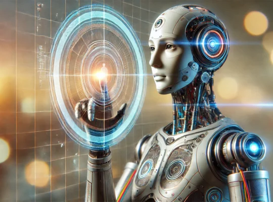Robot umanoide con schermo digitale sul petto, simbolo del futuro dell’intelligenza artificiale e dell’interazione uomo-macchina.