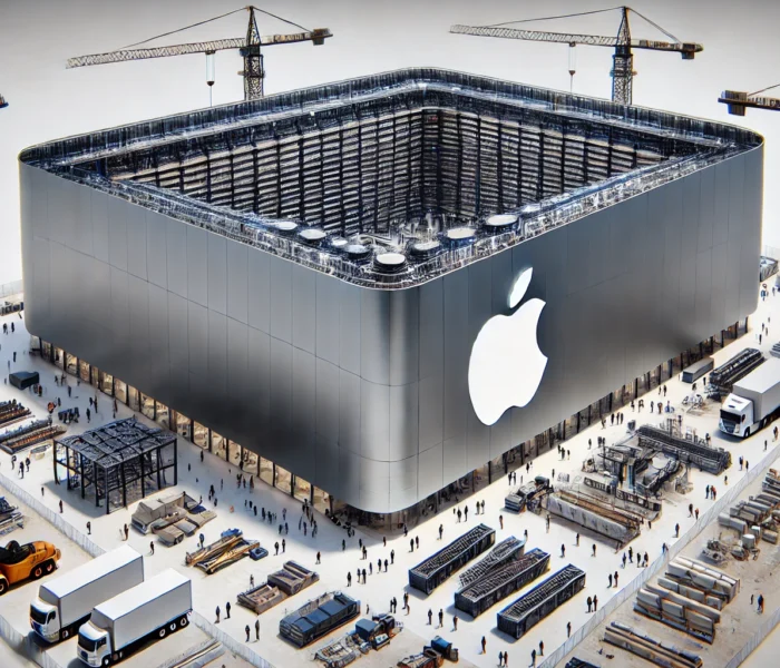 Vista esterna del nuovo data center Apple in costruzione in Texas, con gru, operai e strutture high-tech