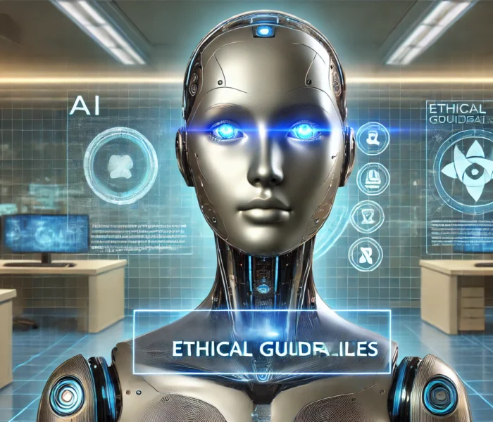 Rappresentazione fotorealistica di un umanoide AI con interfaccia digitale che mostra linee guida etiche, in un laboratorio futuristico con ologrammi.