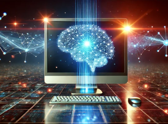Rappresentazione di un'intelligenza artificiale avanzata con un computer quantistico e una rete neurale digitale