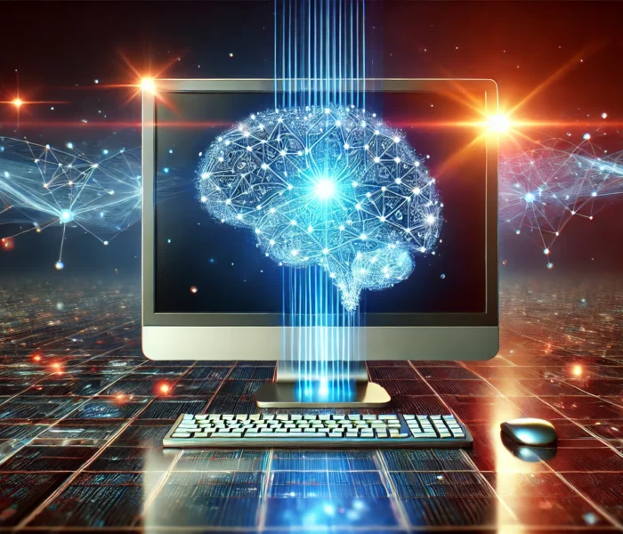 Rappresentazione di un'intelligenza artificiale avanzata con un computer quantistico e una rete neurale digitale