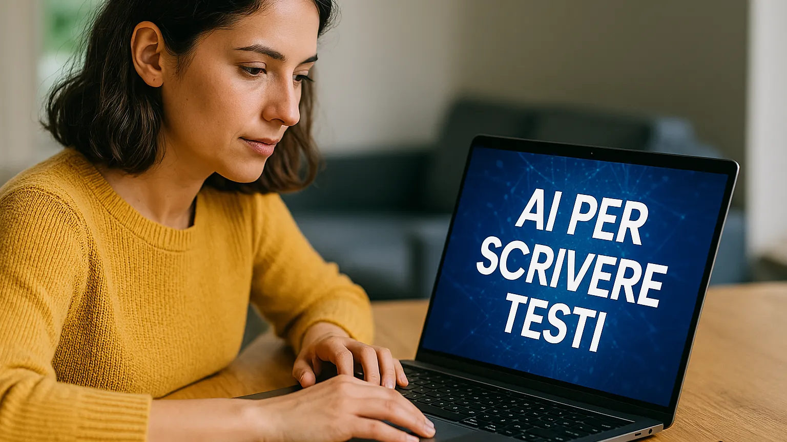 Giovane donna utilizza un assistente AI per scrivere testi su laptop