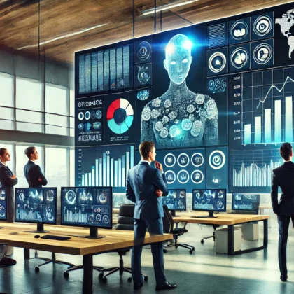 Grafico di crescita aziendale mostrato su uno schermo in un ufficio moderno, con un team di professionisti che analizza i dati basati sull'intelligenza artificiale.