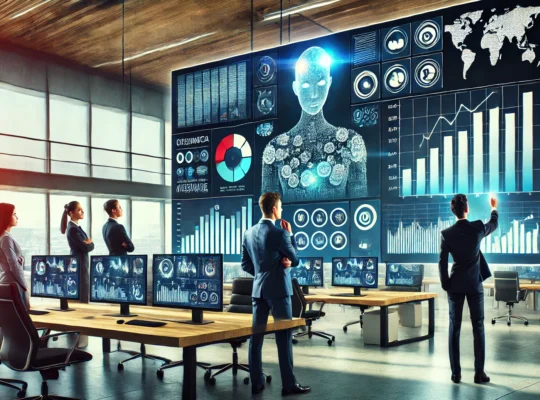 Grafico di crescita aziendale mostrato su uno schermo in un ufficio moderno, con un team di professionisti che analizza i dati basati sull'intelligenza artificiale.