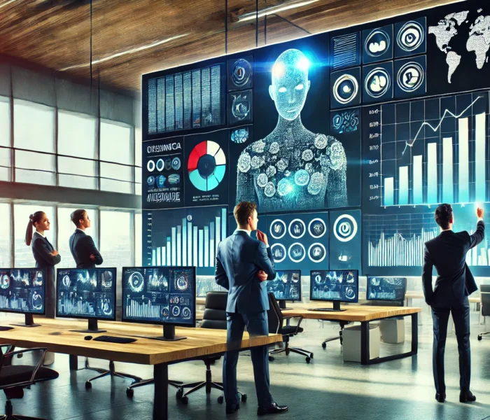 Grafico di crescita aziendale mostrato su uno schermo in un ufficio moderno, con un team di professionisti che analizza i dati basati sull'intelligenza artificiale.