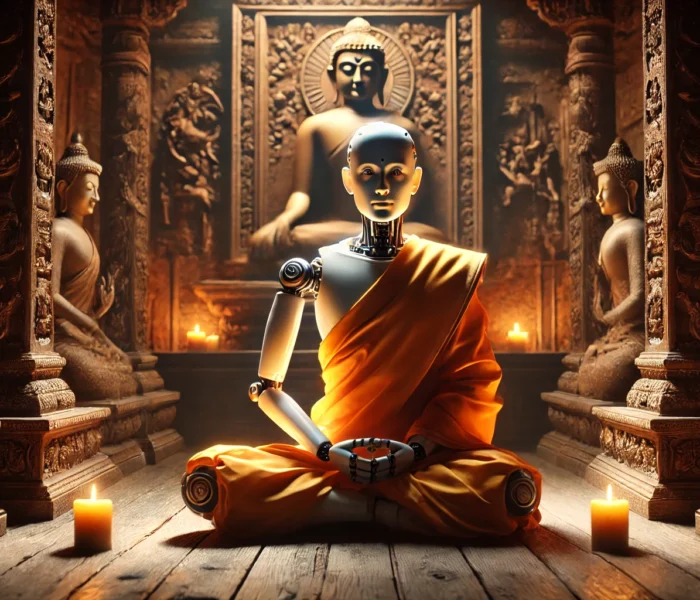 Un robot monaco in un tempio buddista, avvolto nella luce soffusa delle candele, medita con espressione serena. Lo sfondo mostra antiche incisioni in legno e una statua del Buddha