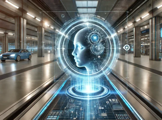 Intelligenza artificiale generativa che crea contenuti digitali su uno schermo futuristico.