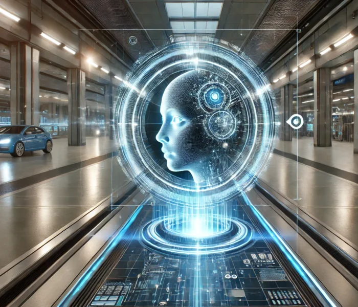 Intelligenza artificiale generativa che crea contenuti digitali su uno schermo futuristico.