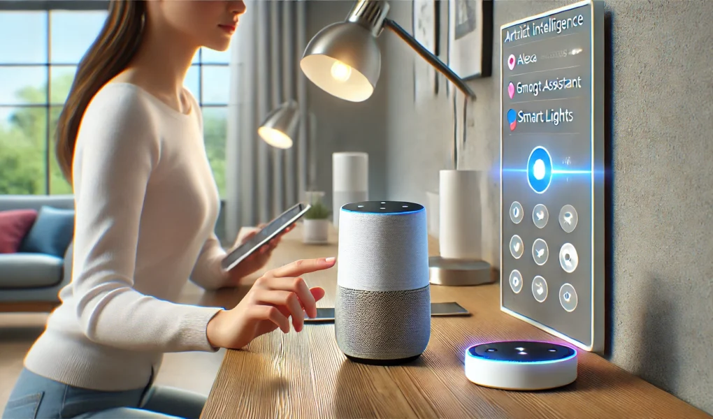 Donna che interagisce con dispositivi smart in casa, simbolo dell’intelligenza artificiale nella vita quotidiana.