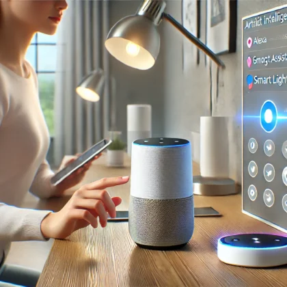 Donna che interagisce con dispositivi smart in casa, simbolo dell’intelligenza artificiale nella vita quotidiana.