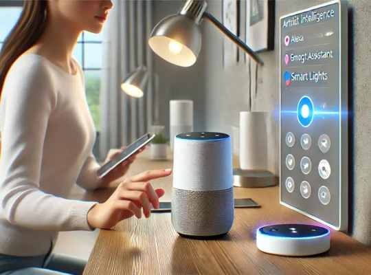 Donna che interagisce con dispositivi smart in casa, simbolo dell’intelligenza artificiale nella vita quotidiana.