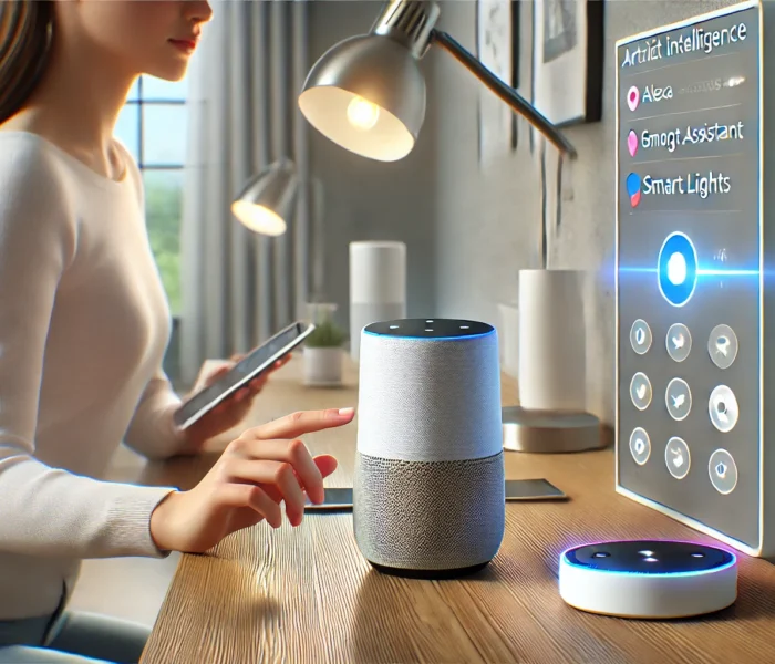 Donna che interagisce con dispositivi smart in casa, simbolo dell’intelligenza artificiale nella vita quotidiana.