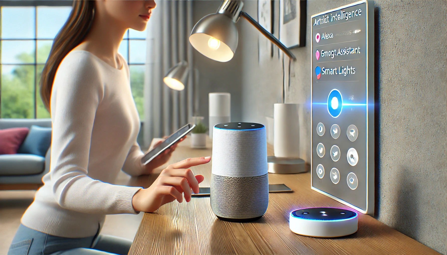 Donna che interagisce con dispositivi smart in casa, simbolo dell’intelligenza artificiale nella vita quotidiana.