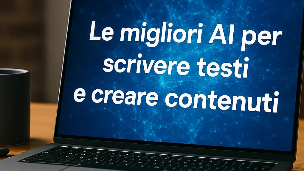Laptop con la scritta "Le migliori AI per scrivere testi e creare contenuti" su sfondo blu
